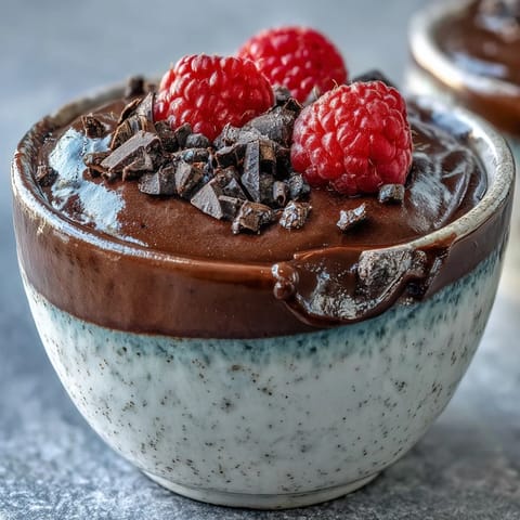 A creamy, protein-packed cottage cheese chocolate mousse topped with fresh raspberries and dark chocolate shavings.  