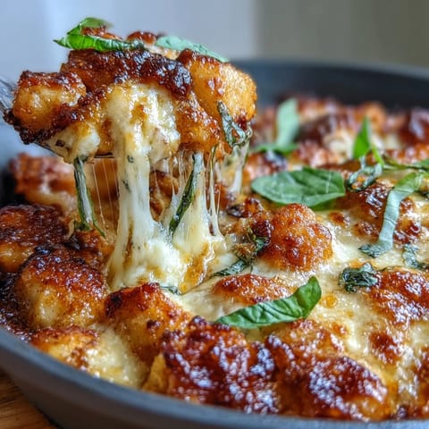 Cheesy Chicken Parmesan Gnocchi with tender gnocchi, shredded chicken, and a crunchy Parmesan panko topping, baked to bubbling perfection.  