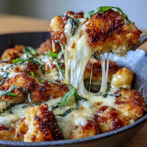 A golden skillet of Chicken Parmesan Gnocchi topped with melted mozzarella and crispy panko crumbs, perfect for a cozy weeknight dinner.  