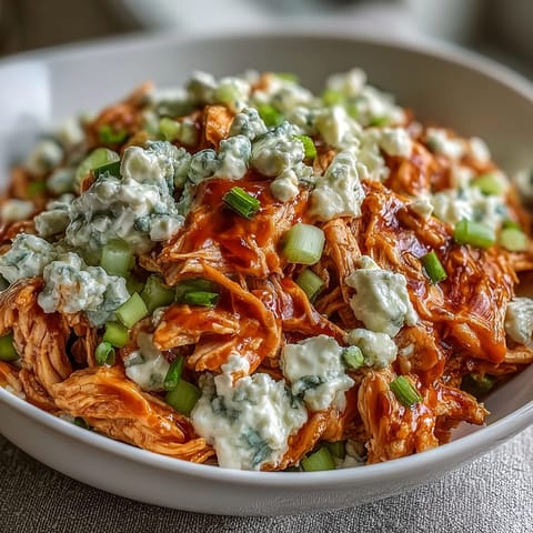 Creamy buffalo chicken salad with cottage cheese, shredded chicken, and crunchy celery, served chilled with fresh veggies.  