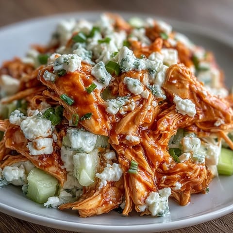 Protein-packed buffalo chicken salad with cottage cheese, zesty buffalo sauce, and cheddar, perfect for a healthy lunch.  