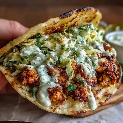 Crispy Dill Pickle Ranch Smash Chicken Tacos with golden cheese crust and tangy pickles, topped with crunchy cabbage and creamy ranch cottage cheese sauce.
