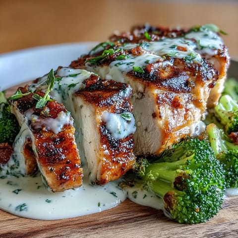 Grilled chicken and broccoli bowls topped with creamy garlic-Parmesan sauce for a keto-friendly dinner.  