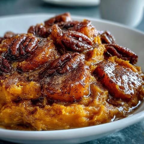 Creamy mashed candied yams with butter and cinnamon, a sweet and savory holiday side dish topped with chopped pecans.  