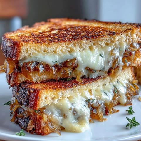 Golden sourdough sandwich filled with melted Gruyère, Swiss cheese, and rich caramelized onions, inspired by French onion soup.