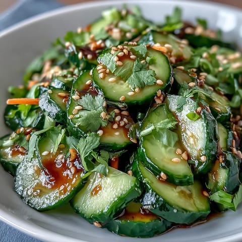 A vibrant Asian sesame cucumber salad with soy dressing, featuring crisp cucumber slices, crunchy carrots, and a tangy, umami-rich sesame-soy vinaigrette.