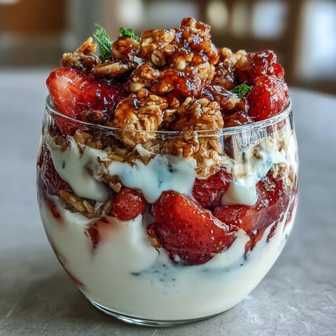 A colorful Galentines brunch strawberry yogurt parfait bar with creamy Greek yogurt and fresh berries.  