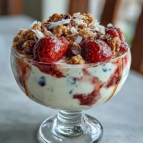 Guests create personalized parfaits at a festive strawberry yogurt bar with crunchy granola and toppings.  