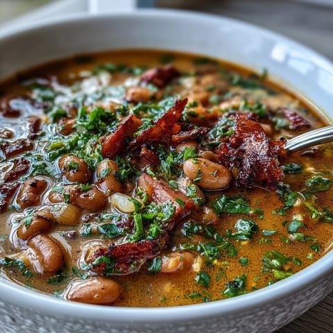 A steaming bowl of ham bone bean soup with tender beans, savory ham, and a smoky paprika aroma.