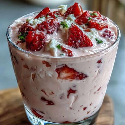 Velvety strawberry smoothie blended with cottage cheese, milk, and chia seeds for a thick, nutrient-rich drink.