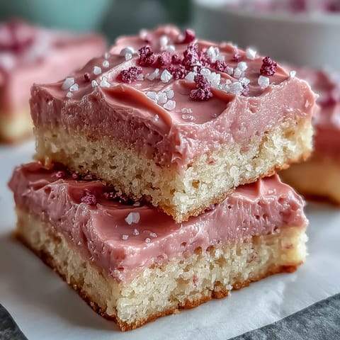 A tray of soft sugar cookie bars topped with creamy strawberry frosting and pink sprinkles, perfect for Valentine's Day sharing.