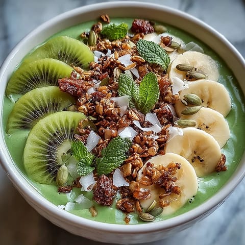 A creamy smoothie bowl blending spinach, kiwi, and banana, garnished with crunchy granola, seeds, and mint for a refreshing snack.