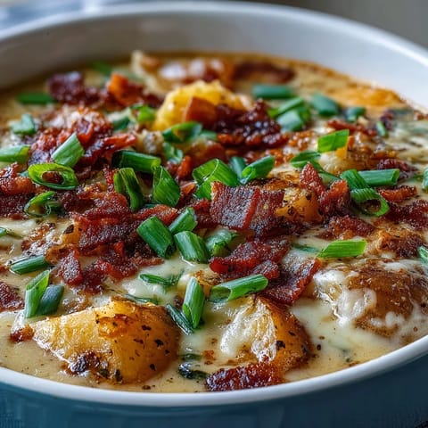 Creamy St. Patrick's Day loaded baked potato soup with crispy bacon and green onions in a bowl.  