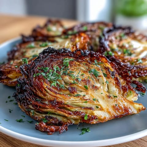 Golden-brown air fryer cabbage steaks with crispy edges, drizzled in rich garlic butter for a flavorful vegetarian side dish.  
