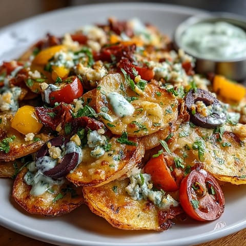 A vibrant platter of crispy potato rounds layered with colorful bell peppers, cherry tomatoes, and melted cheese, served with tangy Greek yogurt ranch.