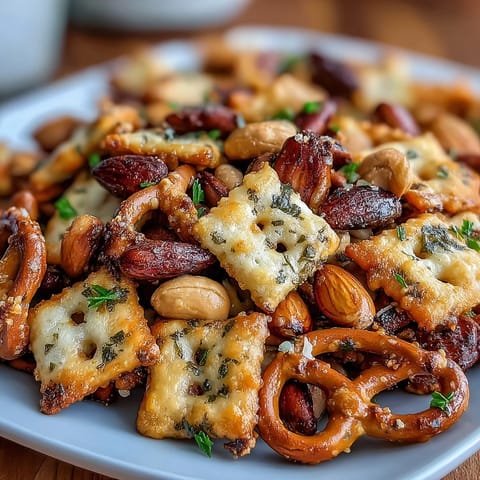 Crunchy sourdough Cheez-Its snack mix with nuts and pretzels, perfect for savory snacking or party platters.  