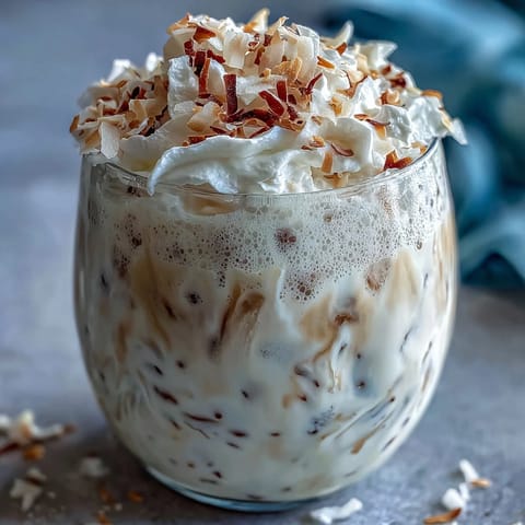 Creamy vanilla bean coconut frappuccino mocktail blended with coconut milk and ice, garnished with whipped coconut cream and toasted coconut flakes.