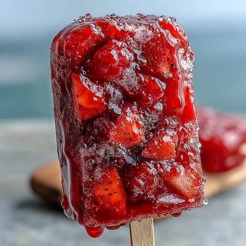 Strawberry Daiquiri Popsicles with fresh fruit chunks, bursting with juicy strawberries, rum, and tropical kiwi, mango, and pineapple.