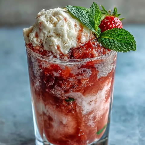 A vibrant strawberry daiquiri float with creamy vanilla ice cream and sparkling water, garnished with fresh mint and lime wedges.