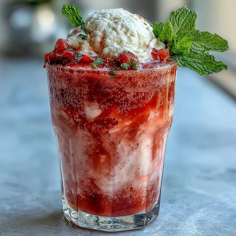 A tall glass filled with a bubbly strawberry daiquiri float, featuring scoops of vanilla ice cream and a splash of chilled sparkling water.