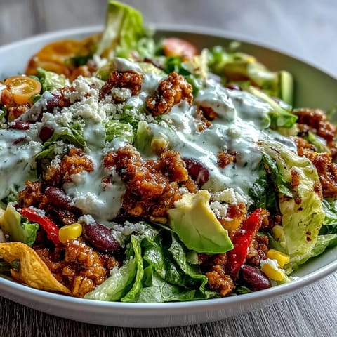 Colorful taco salad bowl filled with seasoned ground turkey, crisp romaine lettuce, and fresh vegetables, topped with creamy Greek yogurt ranch dressing and crunchy tortilla chips.