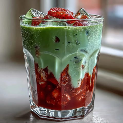 A vibrant glass of dairy-free strawberry matcha latte with oat milk, layered with fresh strawberries and green matcha foam.