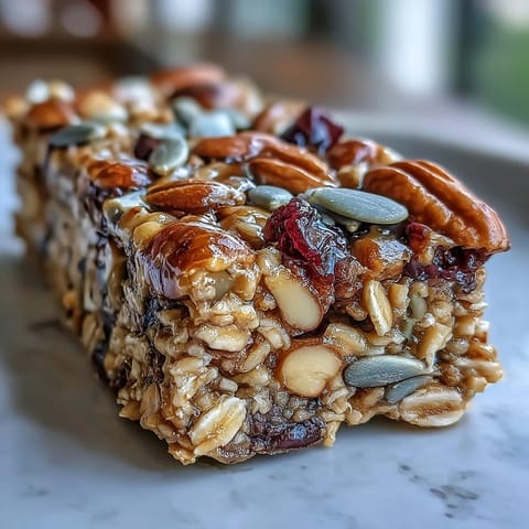 Golden-baked trail mix bars featuring oats, honey, and a medley of nuts and dried fruit, perfect for on-the-go energy.  