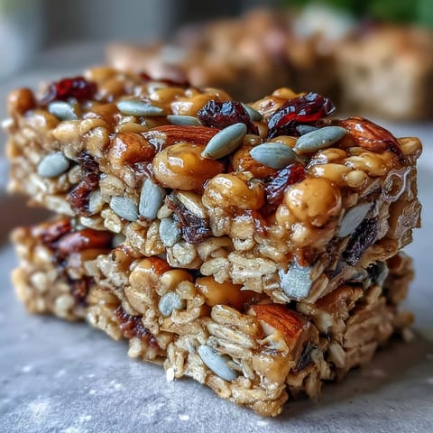 Chewy trail mix bars with oats and honey, loaded with nuts, seeds, and dried fruit for a wholesome snack.  