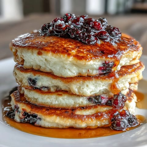 Fluffy cottage cheese protein pancakes stacked high and dotted with juicy blueberries, ready for a wholesome breakfast.