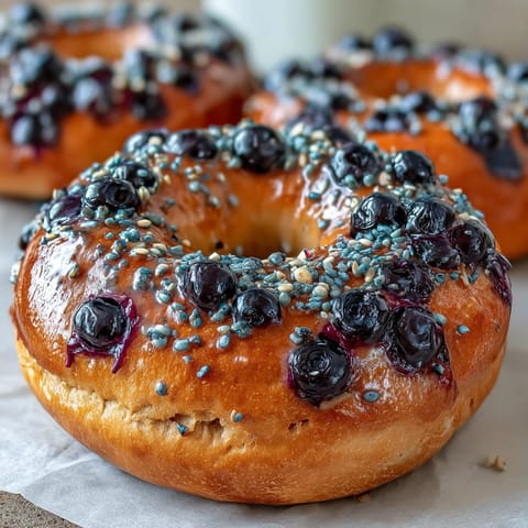 Homemade blueberry protein bagels topped with a zesty lemon glaze, perfect for a healthy and energizing breakfast.  