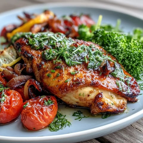 Healthy Easy One-Pan Lemon Chicken and Veggie Bake with juicy chicken breasts, colorful peppers, zucchini, and broccoli in a bright lemon-herb marinade.