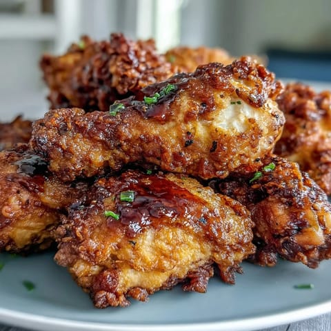 Crispy Southern Fried Chicken with Honey Butter Biscuits sizzling golden brown on a rustic platter, steam rising from juicy meat and flaky biscuits.