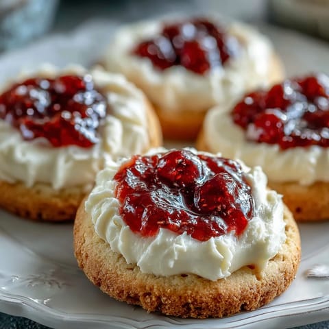 Buttery clotted cream sugar cookies with bright strawberry jam centers, perfect for elegant teatime spreads.