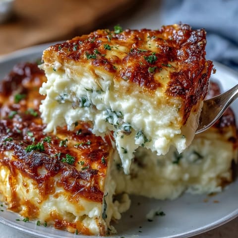 Classic Shepherds Pie with Cauliflower Mash Topping in a baking dish, golden and bubbling with a creamy, fluffy cauliflower topping over savory lamb and vegetable filling.