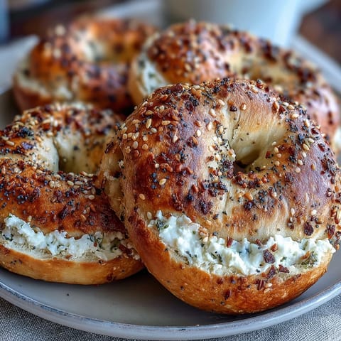 Soft, chewy homemade bagels made with Greek yogurt, topped with savory everything bagel seasoning for a protein-packed breakfast.