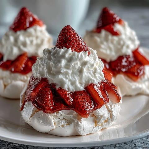Delicate, crisp meringue nests filled with billowy whipped cream and fresh strawberries, perfect for spring celebrations.  