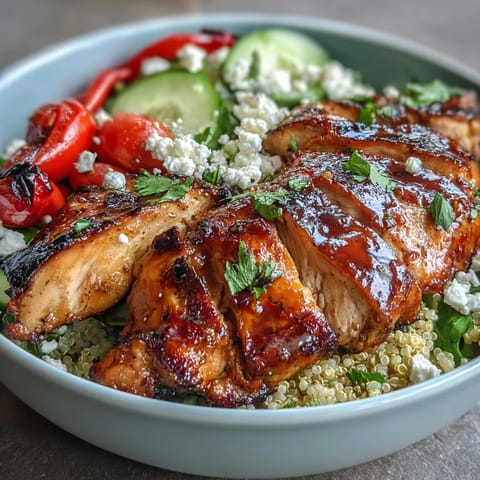 Fresh lemon vinaigrette grilled chicken and veggie bowl with quinoa, spinach, and colorful bell peppers. Healthy, vibrant, and perfect for lunch or dinner.  