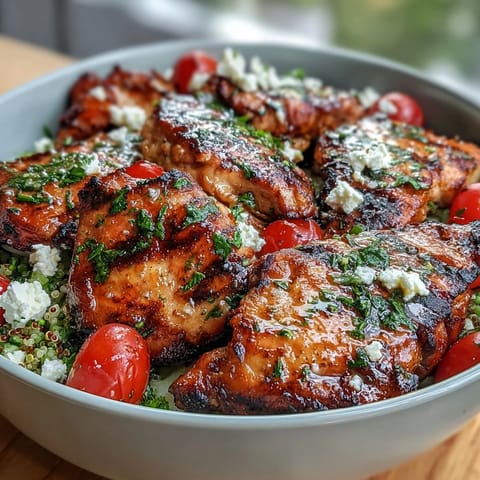 Zesty lemon vinaigrette drizzled over grilled chicken, cherry tomatoes, cucumber, and feta in a nutritious quinoa veggie bowl. Bright and satisfying.  