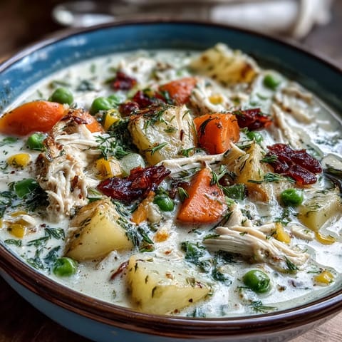 Creamy Slow Cooker Chicken Pot Pie Soup with tender chicken, vegetables, and a golden crust topping.
