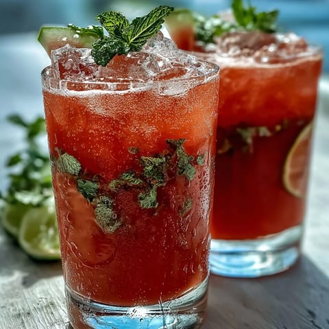 Vibrant watermelon lime punch with bubbles, served in a clear pitcher with ice and mint leaves for a refreshing drink.