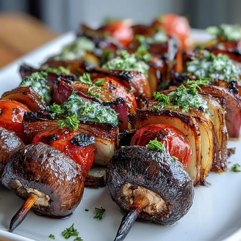 Colorful grilled vegetable skewers bursting with summer flavors, served with fresh chimichurri sauce for a healthy vegetarian meal.