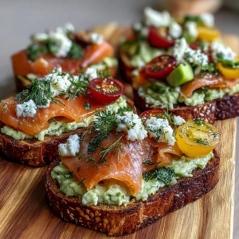 A colorful brunch board with avocado toast, smoked salmon, and fresh vegetables for sharing.