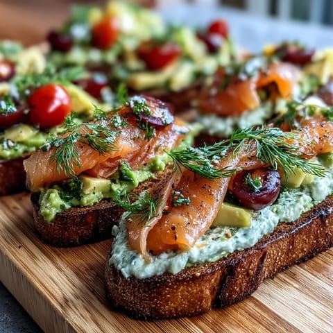 Smoked salmon and avocado toast board with cherry tomatoes, radishes, and herbs for a festive brunch.