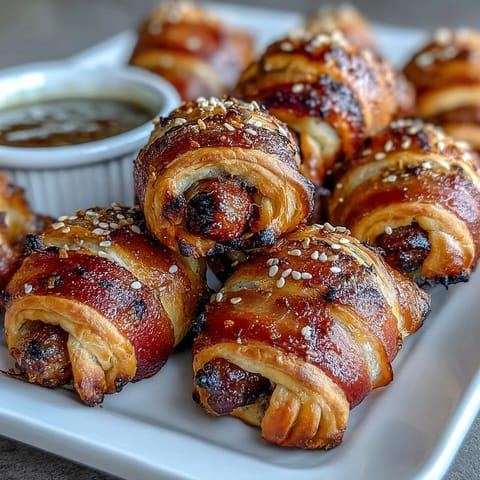 Mini pigs in a blanket arranged on a platter with a creamy honey mustard dipping sauce, golden pastry crisp and inviting for party guests.