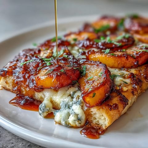 Grilled flatbread topped with sweet peaches, melted Brie, and BBQ sauce, finished with fresh basil.  