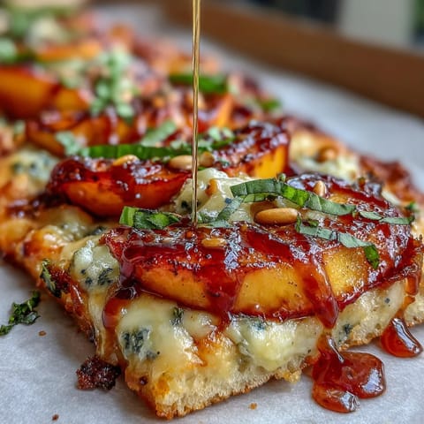 Smoky BBQ Peach and Brie flatbread with grilled peaches, creamy cheese, and red onion on crispy crust.  