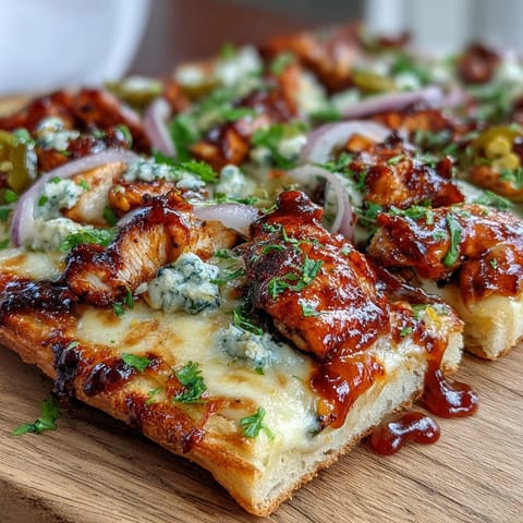 Savory BBQ chicken flatbread pizza topped with red onion, bell pepper, and a drizzle of tangy sauce.  