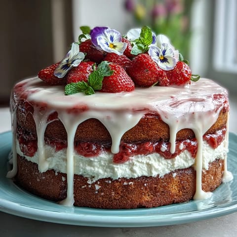 Spring Cake: Floral Drip Cake with Strawberry Frosting - A moist vanilla layer cake topped with fresh strawberry buttercream and a glossy white chocolate drip, decorated with edible flowers for a vibrant springtime dessert.