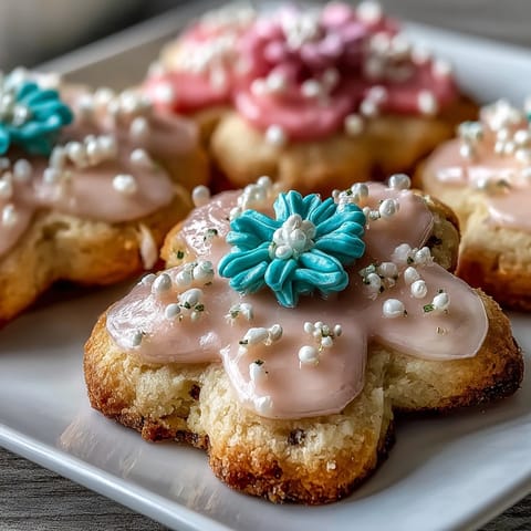 Delicate flower-shaped shortbread cookies with colorful royal icing, perfect for spring celebrations and garden parties.  