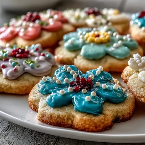 Buttery shortbread cookies decorated with vibrant royal icing in pastel shades, ideal for Easter and Mother's Day dessert tables.  